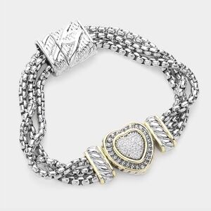 Two Tone CZ Heart Pendant Magnetic Chain Bracelet Bangle Silver Gold